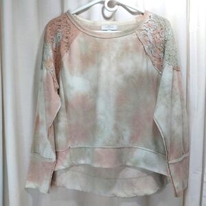 New Directions Womens‎ Tie Dyed High Low Sweatshirt Lace Size Large Pink Gray